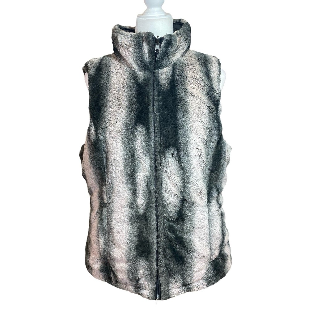 Reversible Faux Fur Puffer Vest Womens Large Full Zip Quilted Black Blush Pink